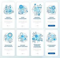Stakeholder management, analysis blue onboarding mobile app screen set. Walkthrough 4 steps graphic instructions pages with linear concepts. UI, UX, GUI template. vector