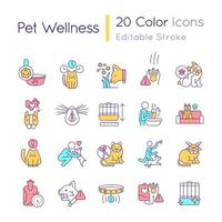 Pet wellness RGB color icons set. Routine veterinary care. Animal behavior, nutrition. Isolated vector illustrations. Simple filled line drawings collection. Editable stroke.