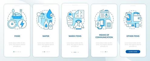 suministros para sobrevivir en la pantalla de la aplicación móvil de incorporación azul de ocupación. tutorial de guerra 5 pasos páginas de instrucciones gráficas con conceptos lineales. interfaz de usuario, ux, plantilla de interfaz gráfica de usuario. vector