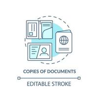 Copies of documents turquoise concept icon. Items to pack for surviving. Survival bag abstract idea thin line illustration. Isolated outline drawing. Editable stroke. vector