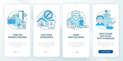 Actions for safety during war blue onboarding mobile app screen. Survive walkthrough 4 steps graphic instructions pages with linear concepts. UI, UX, GUI template.