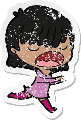 distressed sticker of a cartoon woman talking loudly