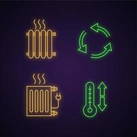 Air conditioning neon light icons set. Radiators, ventilation, climate control. Glowing signs. Vector isolated illustrations