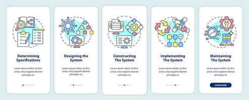 Information system development stages onboarding mobile app screen. Walkthrough 5 steps graphic instructions pages with linear concepts. UI, UX, GUI template. vector