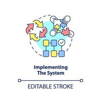 Implementing system concept icon. Info system development stage abstract idea thin line illustration. Improve processes. Isolated outline drawing. Editable stroke. vector