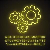 Cogwheels neon light icon. Cogs. Glowing sign with alphabet, numbers and symbols. Vector isolated illustration