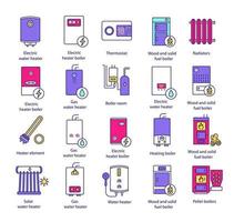 conjunto de iconos de colores de calefacción. Calderas, radiadores, termostato. Calderas de gas, eléctricas, de combustibles sólidos, de pellets, solares. sistemas de calefacción central comerciales, industriales y domésticos. ilustraciones de vectores aislados