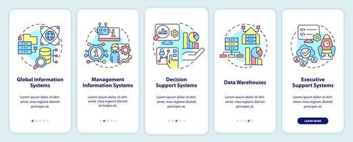 Information systems major types onboarding mobile app screen. Management walkthrough 5 steps graphic instructions pages with linear concepts. UI, UX, GUI template. vector