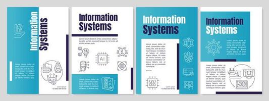 Managing information systems cyan brochure template. Data collecting and storage. Leaflet design with linear icons. 4 vector layouts for presentation, annual reports.