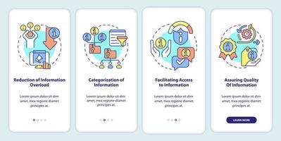 Roles of information industry onboarding mobile app screen. Categorizing walkthrough 4 steps graphic instructions pages with linear concepts. UI, UX, GUI template. vector