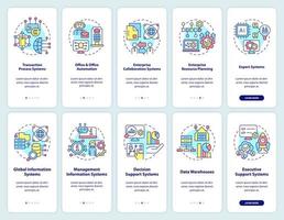 conjunto de pantalla de aplicación móvil de incorporación de uso de sistemas de información. tutorial de gestión de 5 pasos páginas de instrucciones gráficas con conceptos lineales. interfaz de usuario, ux, plantilla de interfaz gráfica de usuario. vector