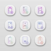Heating app icons set. Gas, electric, solid fuel, boilers and water heater. Commercial, industrial and domestic central heating systems. UI UX user interface. Vector isolated illustrations