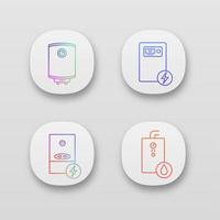 Heating app icons set. UI UX user interface. Central heating system. Electric and gas water heater and heating boilers. Web or mobile applications. Vector isolated illustrations