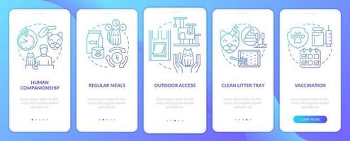 Bringing new cat home tips blue gradient onboarding mobile app screen. Walkthrough 5 steps graphic instructions pages with linear concepts. UI, UX, GUI template. vector