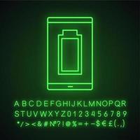 Fully charged smartphone battery neon light icon. Mobile phone charge completed. Battery level indicator. Glowing sign with alphabet, numbers and symbols. Vector isolated illustration