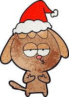 textured cartoon of a bored dog wearing santa hat vector