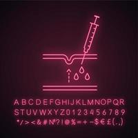 Neurotoxin injection neon light icon. Subcutaneous injection with neuro toxin. Wrinkles reducing process in skin section. Glowing sign with alphabet, numbers. Vector isolated illustration