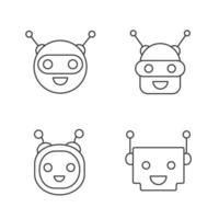 Chatbots linear icons set. Laughing virtual assistants collection. Conversational agents. Thin line illustration. Modern robots. Contour symbol. Vector isolated outline drawing. Editable stroke