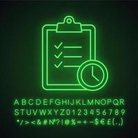 Time management neon light icon. Glowing sign with alphabet, numbers and symbols. Task planning. Deadline. Tasks list. Vector isolated illustration