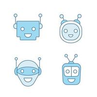 Chatbots color icons set. Talkbots. Laughing virtual assistants collection. Modern robots. Conversational agents. Isolated vector illustrations