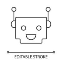 Chatbot linear icon. Thin line illustration. Modern robot. Square head laughing chat bot. Virtual assistant. Conversational agent. Contour symbol. Vector isolated outline drawing. Editable stroke