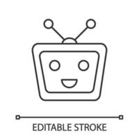 Chatbot linear icon. Thin line illustration. Talkbot. Modern robot. TV laughing chat bot. Virtual assistant. Conversational agent. Contour symbol. Vector isolated outline drawing. Editable stroke