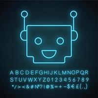 Chatbot neon light icon. Talkbot. Modern robot. Square head laughing chat bot. Virtual assistant. Conversational agent. Glowing sign with alphabet, numbers and symbols. Vector isolated illustration