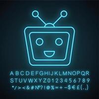 Chatbot neon light icon. Talkbot. Modern robot. TV laughing chat bot. Virtual assistant. Conversational agent. Glowing sign with alphabet, numbers and symbols. Vector isolated illustration