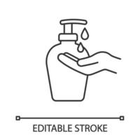 Hand soap linear icon. Thin line illustration. Liquid antibacterial soap. Hands disinfection. Contour symbol. Vector isolated outline drawing. Editable stroke