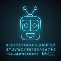 Chatbot neon light icon. Talkbot. Modern robot. Square head laughing chat bot. Virtual assistant. Conversational agent. Glowing sign with alphabet, numbers and symbols. Vector isolated illustration