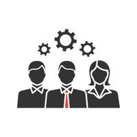 Teamwork glyph icon. Leadership. Staff management. Group of people with cogwheels. Silhouette symbol. Negative space. Vector isolated illustration