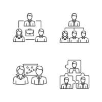 Teamwork linear icons set. Partnership, professional hierarchy, business strategy, personnel interaction. Thin line contour symbols. Isolated vector outline illustrations