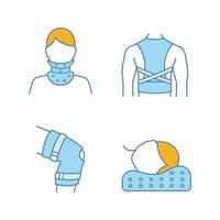 Trauma treatment color icons set. Cervical collar, posture corrector, knee brace, orthopedic pillow. Isolated vector illustrations