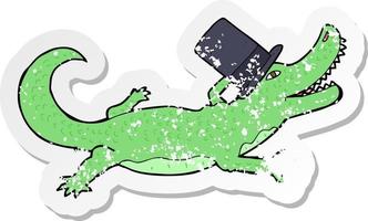 pegatina retro angustiada de un cocodrilo de dibujos animados con sombrero de copa vector