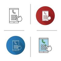 Hand dialing phone number icon. Smartphone keypad. Flat design, linear and color styles. Isolated vector illustrations