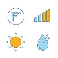 Air conditioning color icons set. Fahrenheit degree, power level, sun, air humidification. Isolated vector illustrations