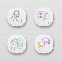 NFC technology app icons set. Near field smartphone, car and bracelet, payment terminal, reader. UI UX user interface. Web or mobile applications. Vector isolated illustrations