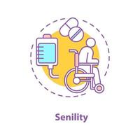 Senility concept icon. Disability. Elderly medical care idea. Thin line illustration. Old man in wheelchair, infusion drip and medication. Vector isolated outline drawing