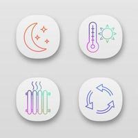 Air conditioning app icons set. Night climate, summer temperature, radiator, ventilation. UI UX user interface. Web or mobile applications. Vector isolated illustrations