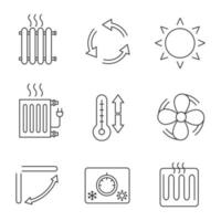 Air conditioning linear icons set. Radiators, ventilation, sun, climate control, exhaust fan, conditioner louver, thermostat, thermometer. Isolated vector outline illustrations. Editable stroke