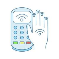 NFC payment terminal color icon. Payment with NFC sticker. POS terminal and hand with RFID tag. Contactless transaction. Near field communication. E-payment. Isolated vector illustration