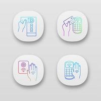 NFC technology app icons set. Near field access control, credit card reader, payment terminal, hand sticker. UI UX user interface. Web or mobile applications. Vector isolated illustrations