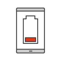 Smartphone low battery color icon. Discharged mobile phone. Battery level indicator. Isolated vector illustration