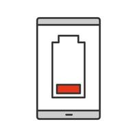 Smartphone low battery color icon. Discharged mobile phone. Battery level indicator. Isolated vector illustration