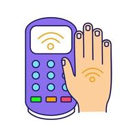 NFC payment terminal color icon. Payment with NFC sticker. POS terminal and hand with RFID tag. Contactless transaction. Near field communication. E-payment. Isolated vector illustration