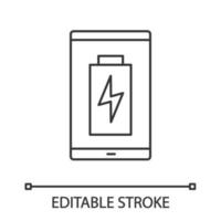 Smartphone battery charging linear icon. Thin line illustration. Mobile phone battery level indicator. Contour symbol. Vector isolated outline drawing. Editable stroke