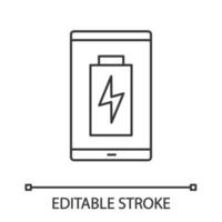 Smartphone battery charging linear icon. Thin line illustration. Mobile phone battery level indicator. Contour symbol. Vector isolated outline drawing. Editable stroke