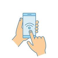 Hands holding NFC smartphone color icon. NFC phone. Near field communication. Mobile phone contactless payment. Wifi connection. Isolated vector illustration