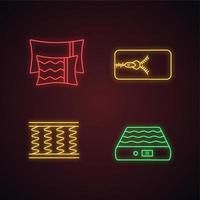 Orthopedic mattress neon light icons set. Pillows, removable cover, spring and air mattresses. Glowing signs. Vector isolated illustrations