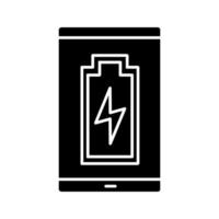 Smartphone battery charging glyph icon. Charge completed . Mobile phone battery level indicator. Silhouette symbol. Negative space. Vector isolated illustration